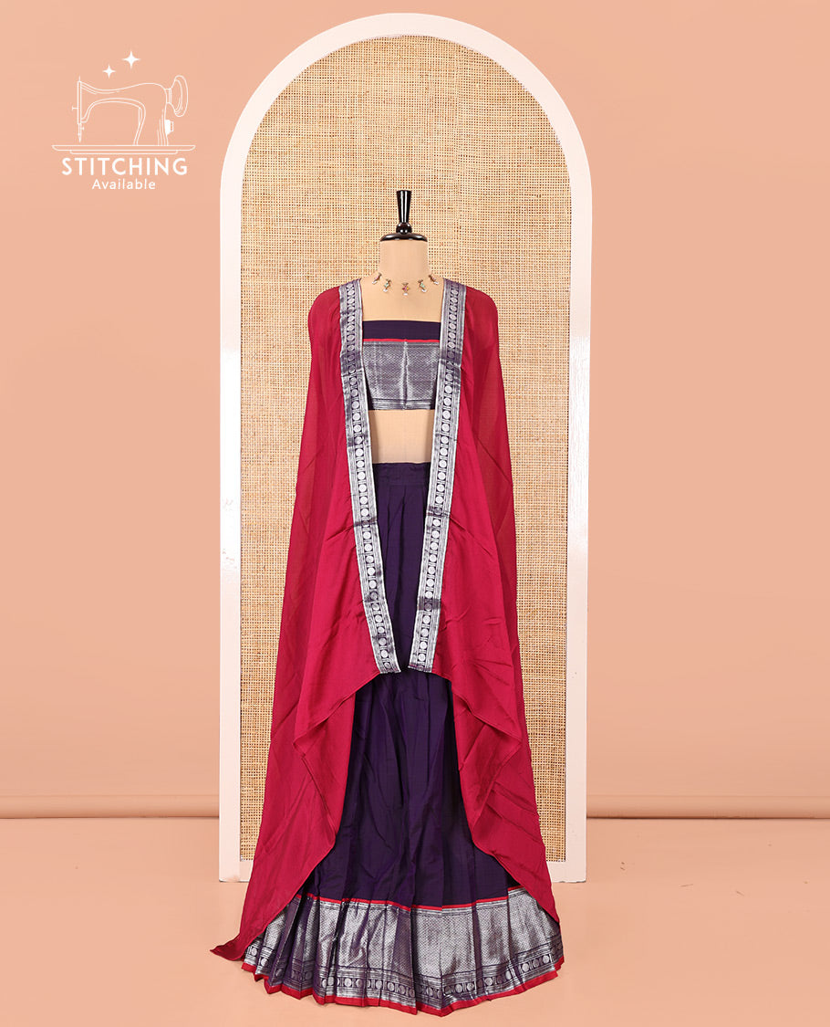 Deep Violet-Rani Pink Mercerised Cotton Half-Saree Features Plain with Contrast Traditional Zari Bordered Skirt, Paired with a Matching Blouse, and Comes with a Contrast Bordered Dhavani