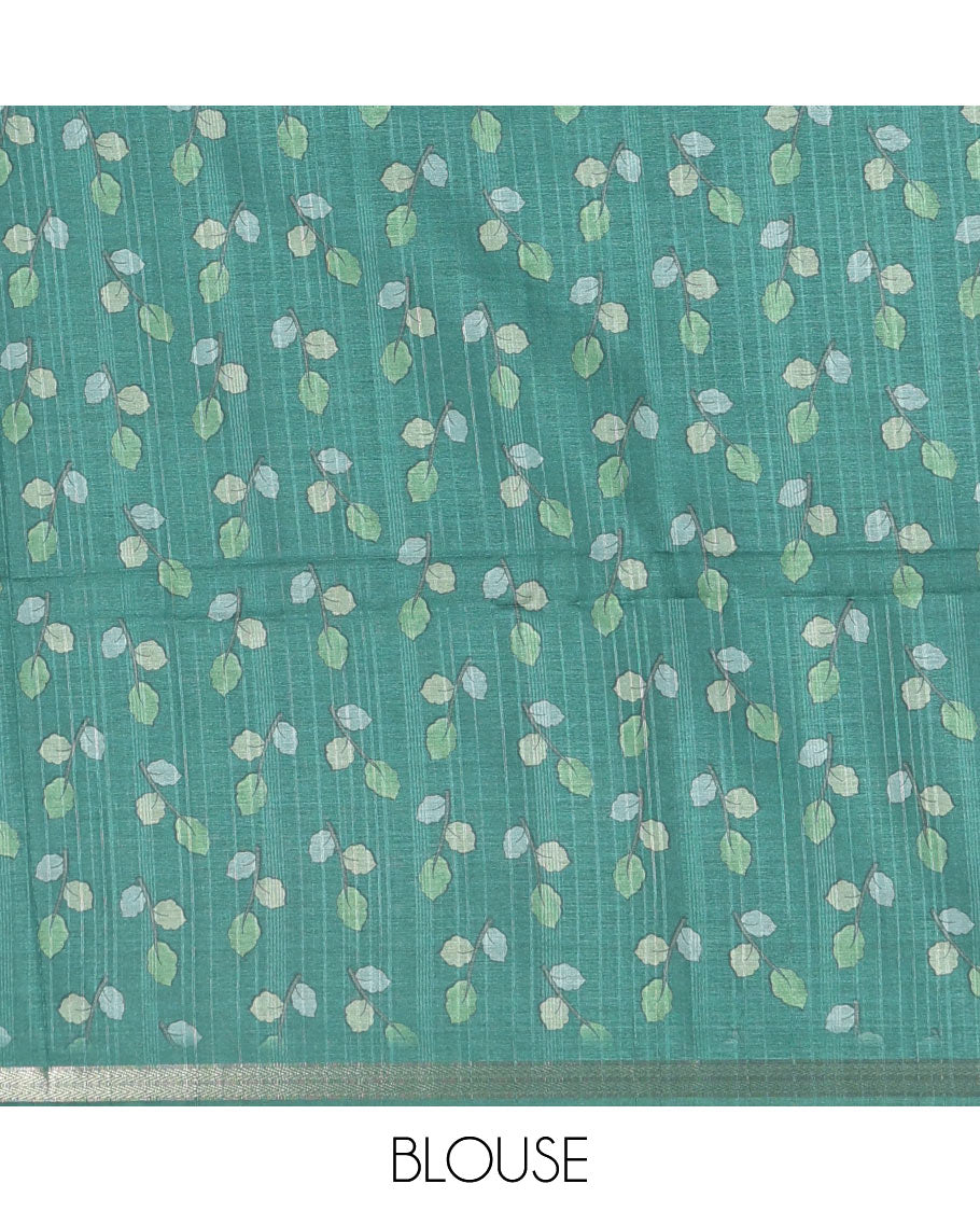 Purple shibori printed katan silk saree, contrast border, and pallu of kalamkari floral vine and peacock print, and a contrast leaf printed blouse