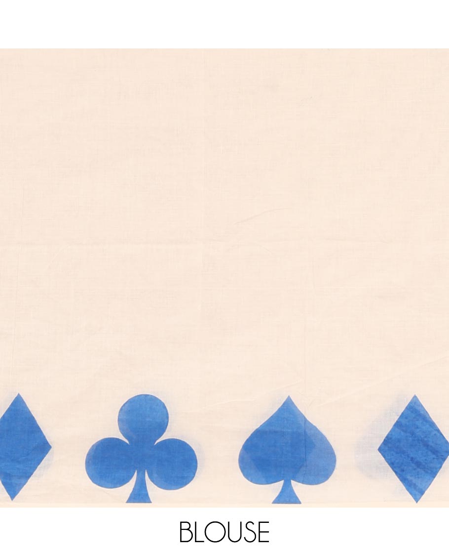 Cream-blue plain Kerala cotton saree, contrast color cards-theme printed border of Diamonds, Clubs, and Spades, leheriya-striped pallu, and plain blouse