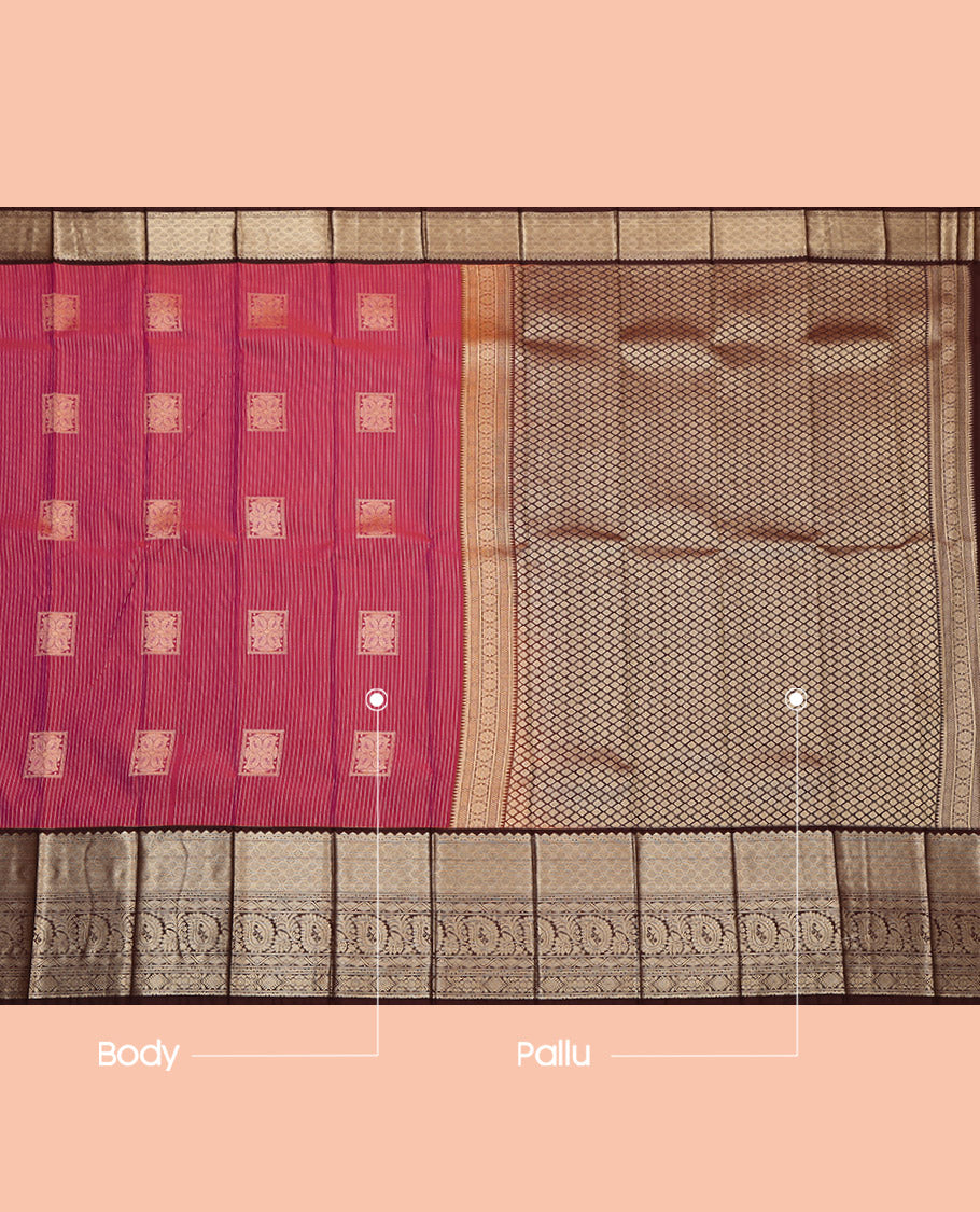 Reddish Pink Budget Silk Saree, Elevated with Square Buttas and Stripes, Complemented by Contrast Traditional Zari Border, Jaal Pallu and a Contrast Blouse