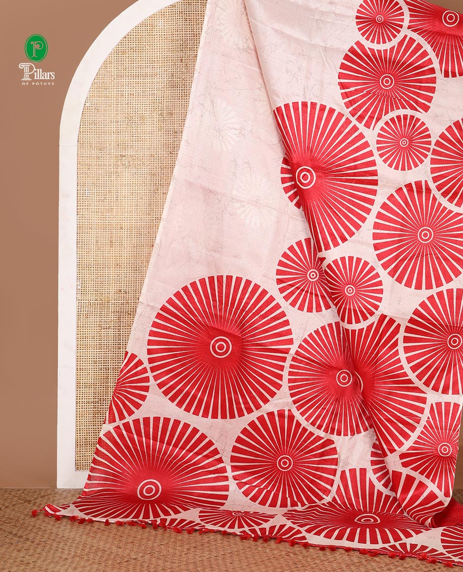 Borderless White with red sunbrust design skirt pattern khadi cotton saree & big sunbrust printed pallu with tussels