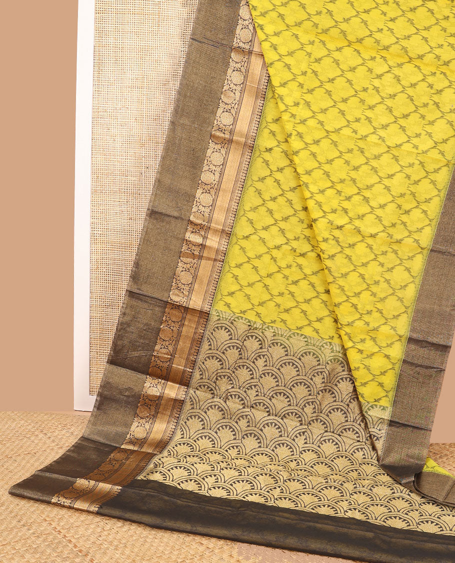 Yellow jaal design silk cotton saree with contrast zari design border & floral design pallu