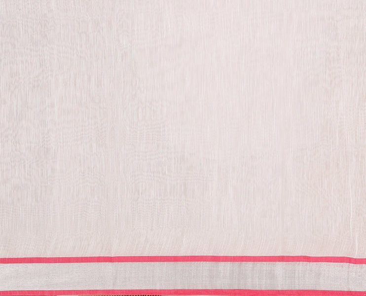 White with pink vareli pattern printed design linen with silver zari bawanchi border & printed pallu with tussels