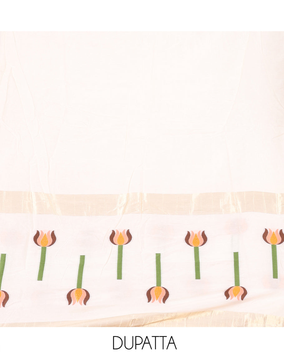 Cream Mul Chanderi Material Chudidar Features Jamdani-Floral Top, Plain Bottom, Jamdani-Floral Dupatta