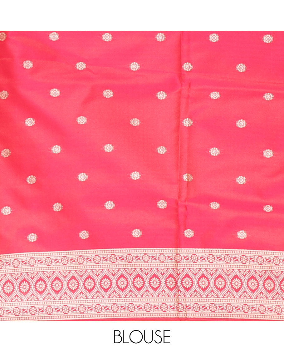 Mehendi green small zari buttas woven elite soft silk saree, contrast zari woven scallop satin border, jaal pallu, and a contrast chakram zari motifs blouse