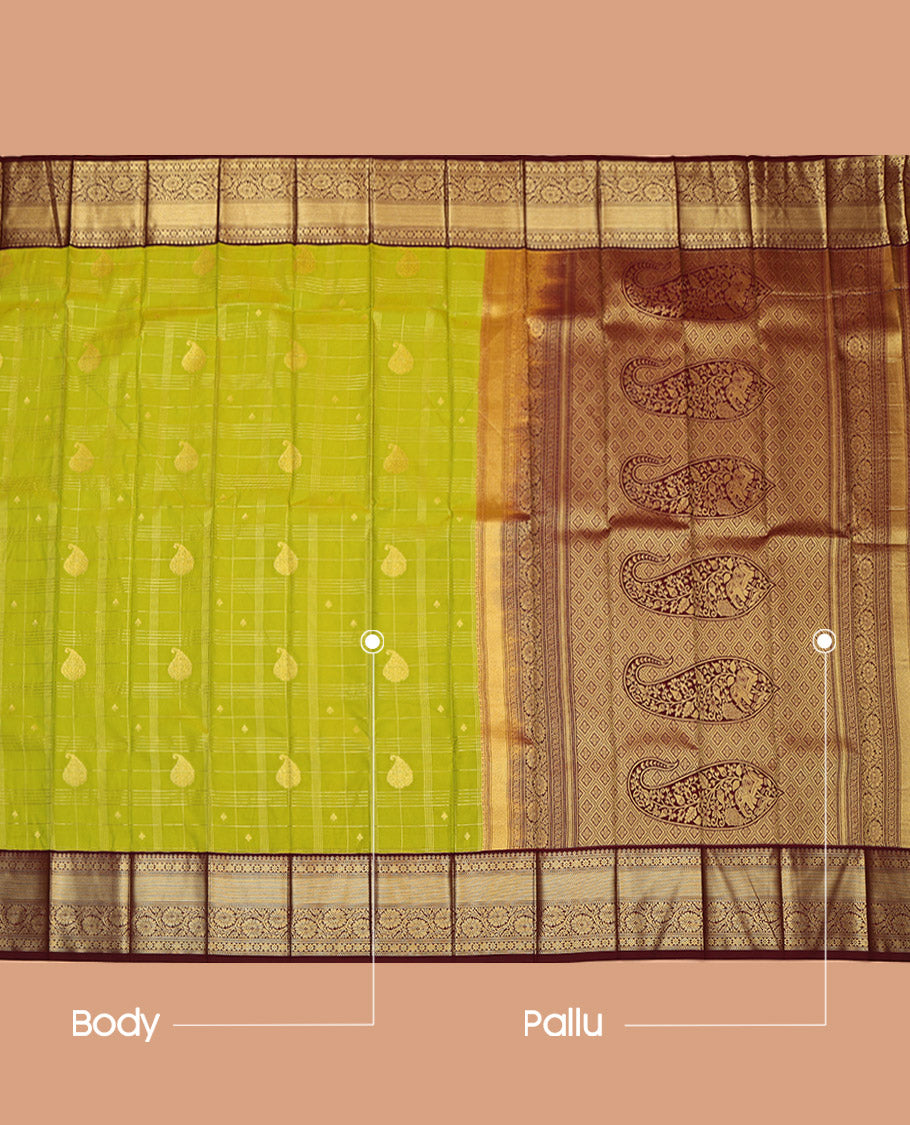Parrot Green Budget Silk Saree, Opulently Embellished with Zari Butta Enclosed Checked Design on Its Body, Complemented by a Contrast Traditional Zari Design Border, Pallu of Jaal and Paisley Design, and Paired with a Contrast Blouse