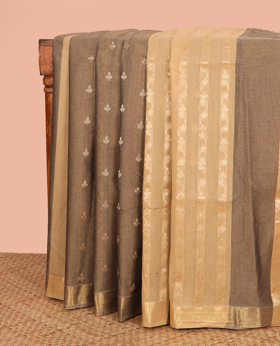 Brown and Sandal Coimbatore Cotton Saree Prettified with Floral Buttas and Floral Creeper Designs All Over Its Body, Pallu Pictures Intricate Floral-Paisley Designs, and Paired with a Matching Blouse