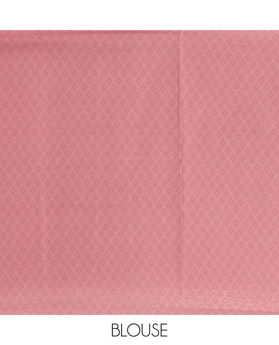 Pink ombre-color abstract-printed satin crepe saree, copper zari line weave border & matching jaal printed blouse