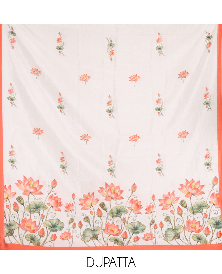 Cream-Peach Semi-Silk Material Chudidar, Lotus Printed Top, Matching Bottom, Lotus Printed Dupatta