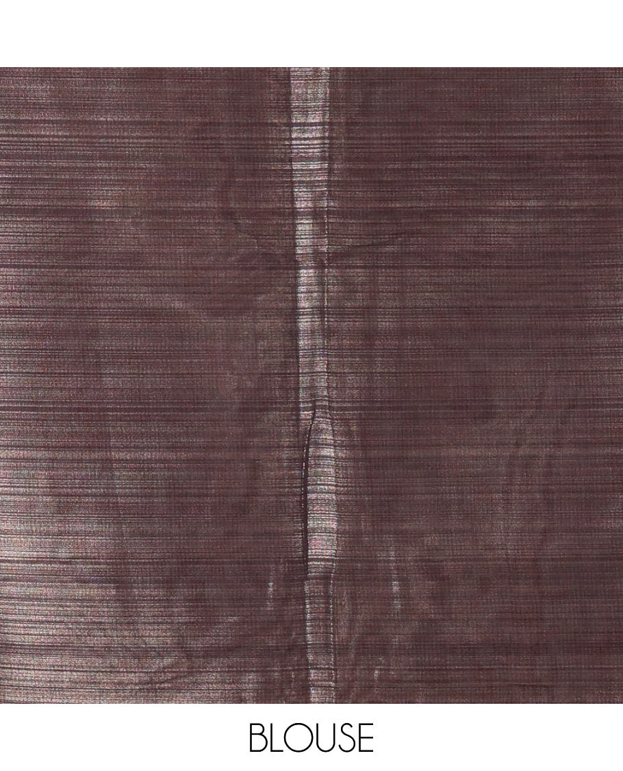 Borderless pink floral motifs printed tissue silk saree with floral printed pallu, and a contrast plain blouse