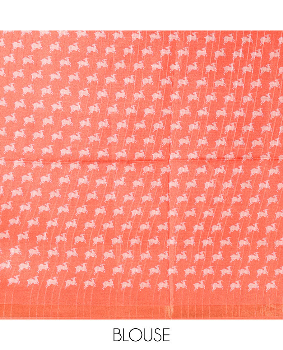 Black Pochampally ikkat printed katan silk saree, contrast deer motifs printed zari border, jaal printed pallu, and contrast deer motifs printed blouse