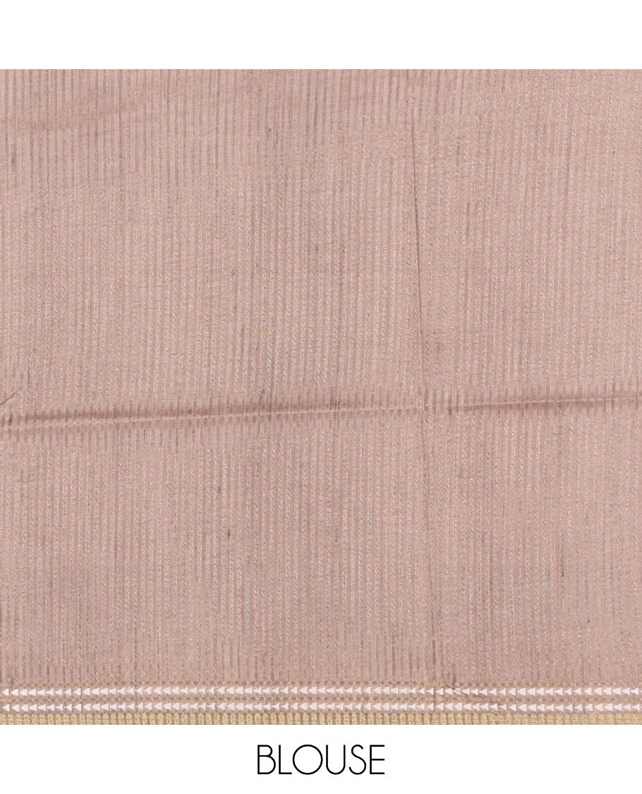 Blue abstract geometric printed semi-tussar saree, contrast thread triangle motifs border, striped pallu & contrast striped blouse
