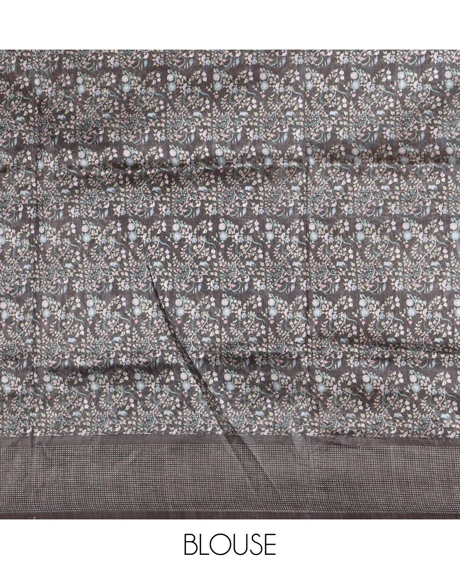 Cream plain tissue saree, contrast dobby-style zari buttas & kalamkari-style flora-fauna printed border & pallu