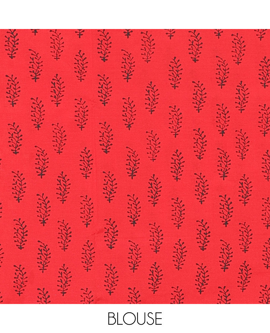 Sea green plain South cotton saree with elephant motifs block printed border, a matching blouse and a contrast floral motifs printed blouse