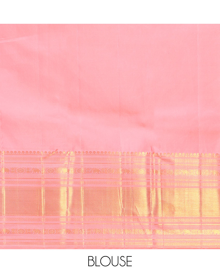 Pink Kanchipuram Wedding Silk Saree, Detailed with Jacquard Design on Its Body, Highlighted by Zari Border of Thilakam Mokku, Muthu, Mayil Kann, Yaanai, and Chakram Designs, Pallu of Mayil Kann Designs, and Paired with a Matching Blouse