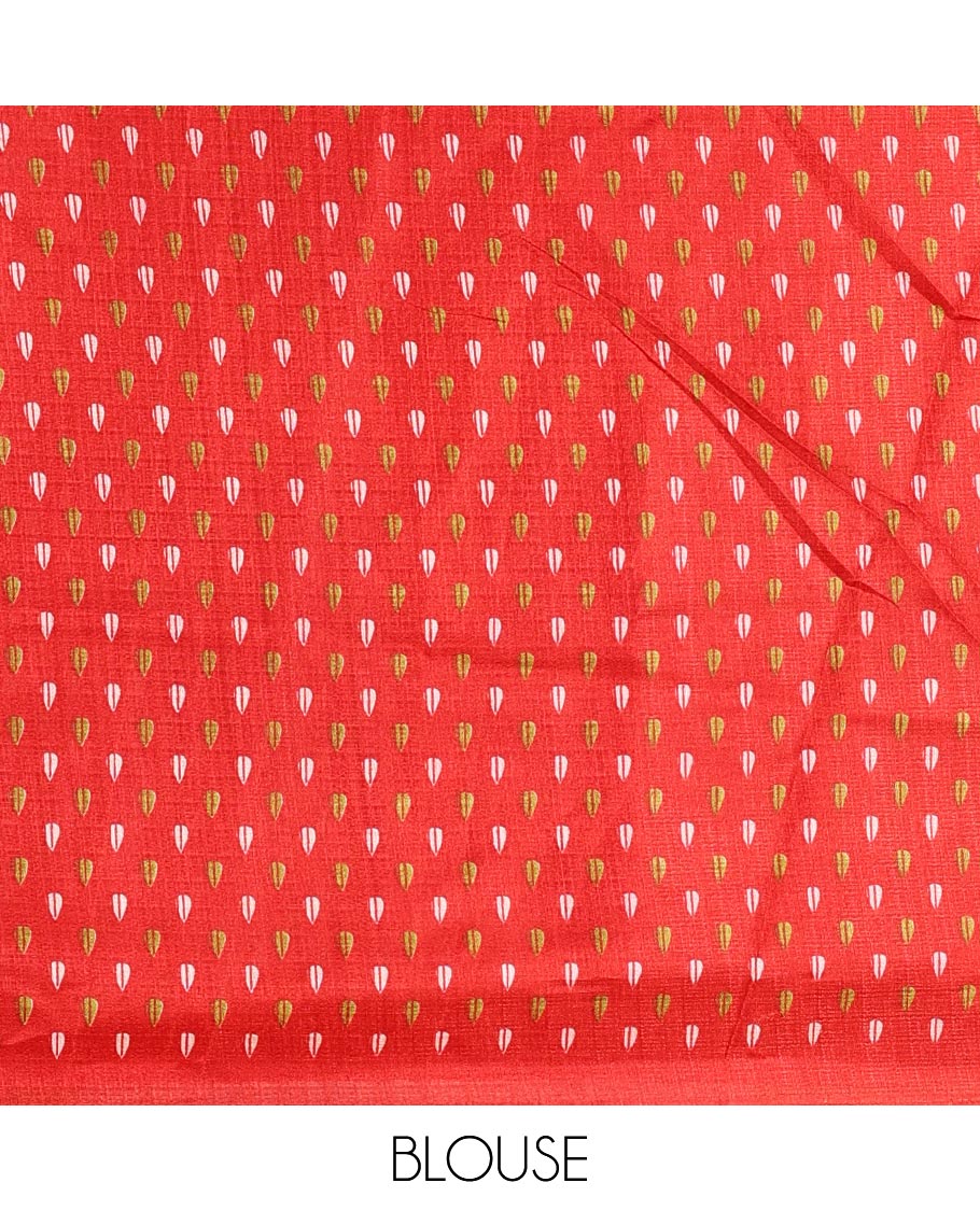 Red plain khadi cotton saree, floral creeper printed border, and pallu with small buttas printed blouse