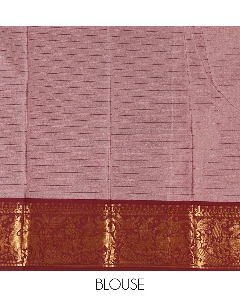 Half-white zari checked semi-taffeta silk saree, contrast maroon deer motifs woven border, striped pallu & contrast striped zari border blouse