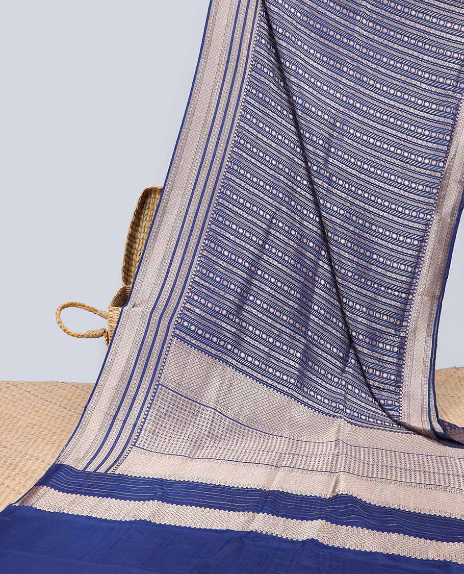 Blue geometric semi-banaras dola silk saree with self zari border & argyle pattern, geometric design pallu