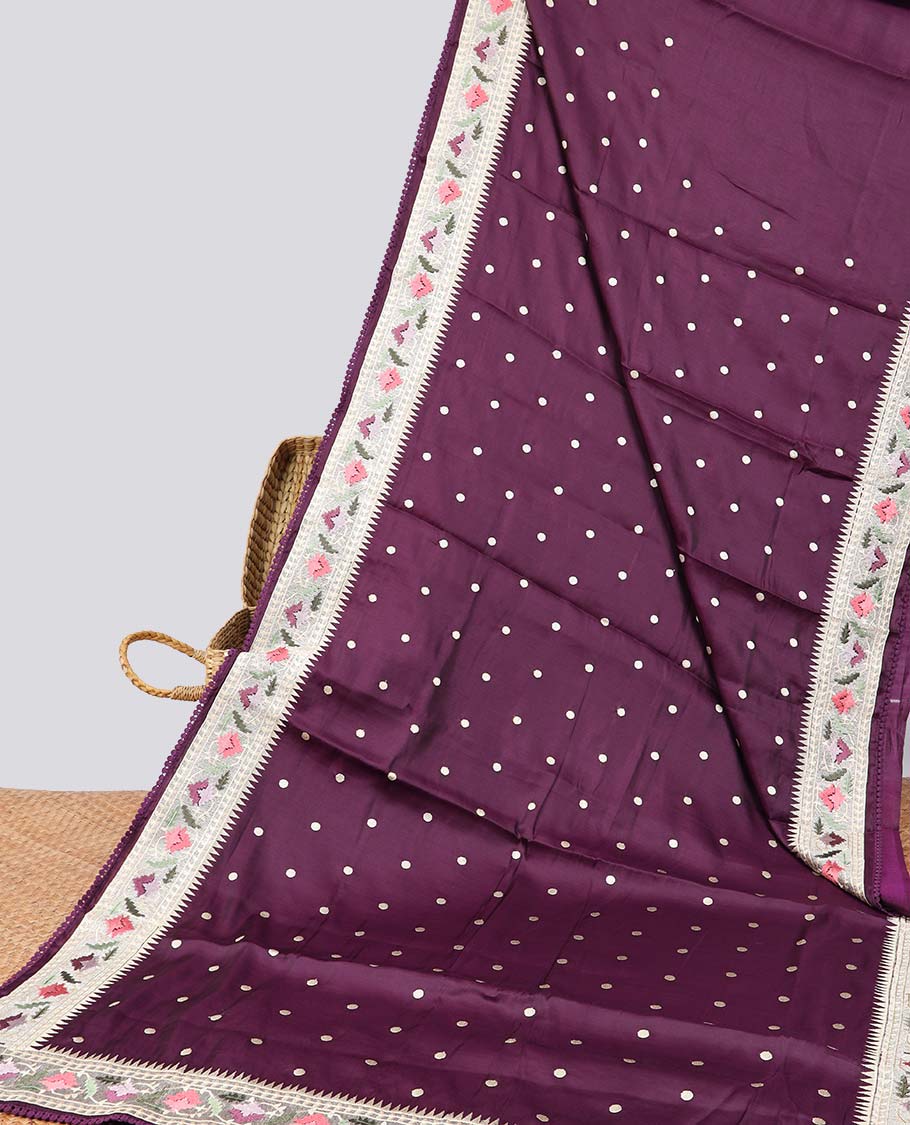 Violet polka dot semi-banaras tussar saree & contrast floral thread embroidered border