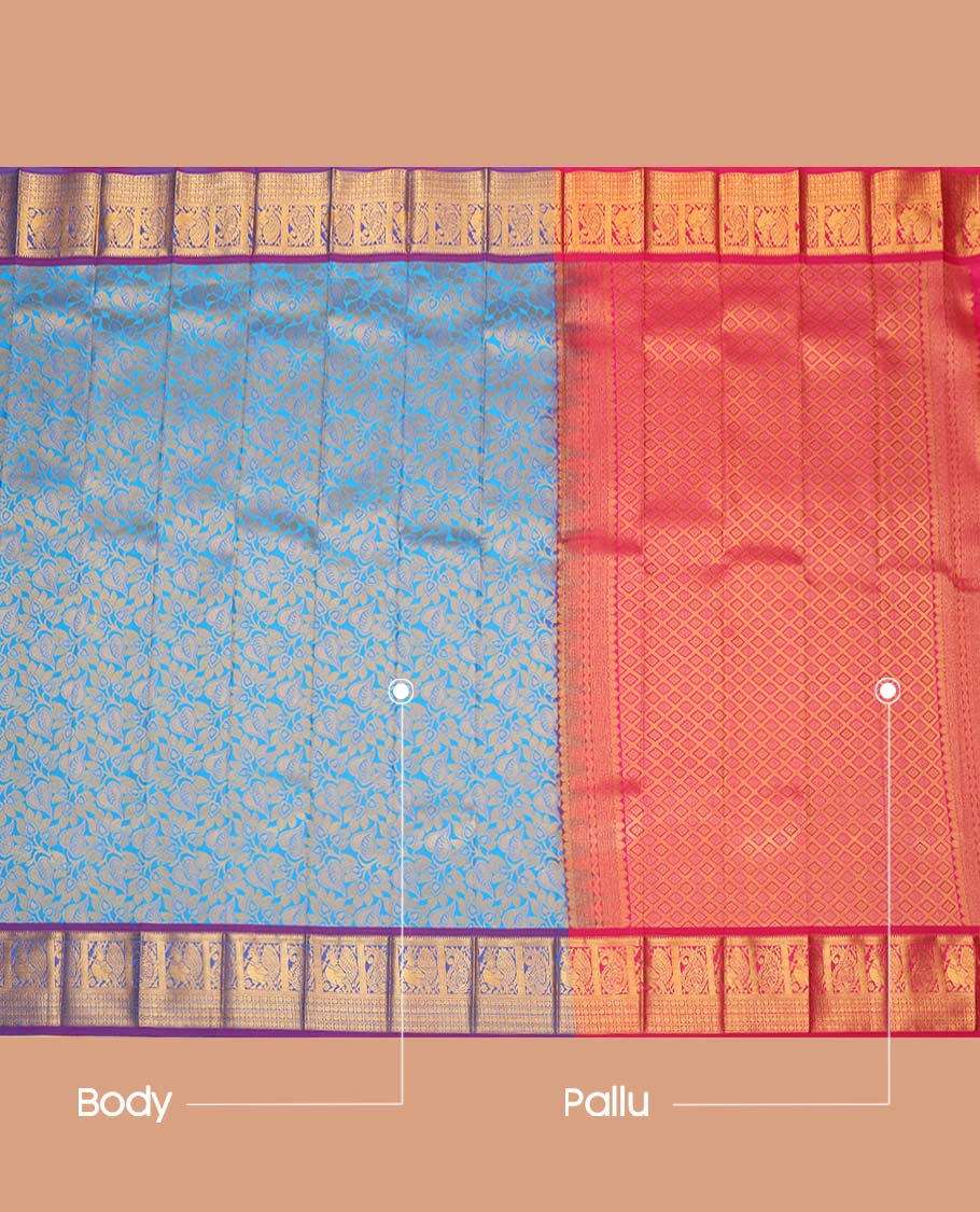 Blue Budget Silk Saree, Accentuated with Floral Vine Design, Complemented by Contrast Peacock and Paisley Zari Border, a Jaal Pallu and a Contrast Blouse