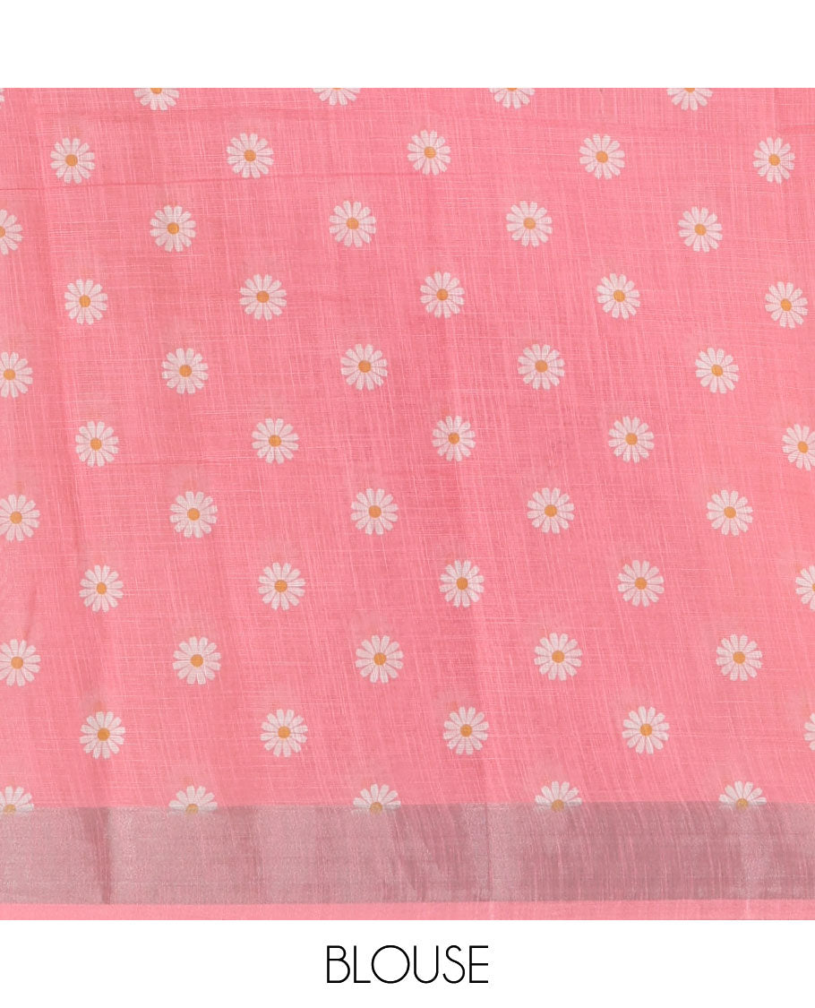 Light pink sunflower motif printed linen saree, silver zari plain border & small sunflower motif print blouse