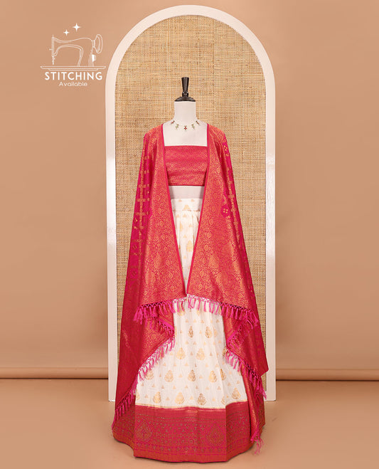 Cream georgette crepe halfsaree,zari buttas & traditional Swarovski stonework rani-pink border skirt, jacquard blouse & banarasi jacquard dhavani