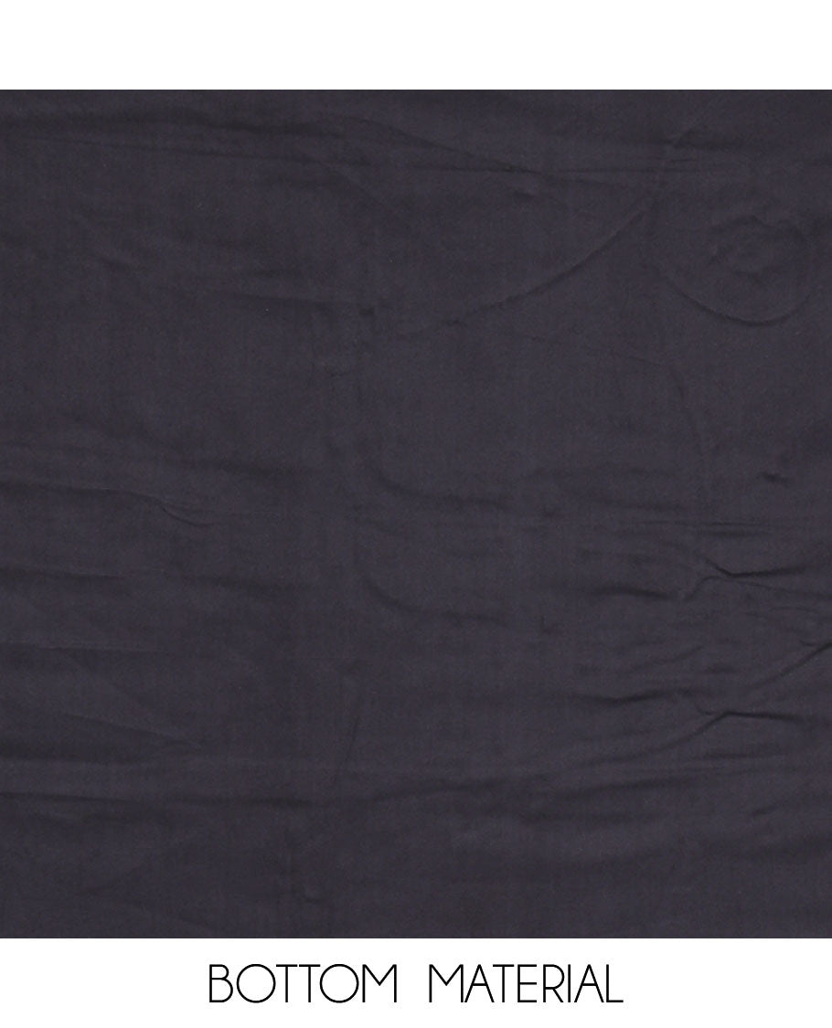 Dark grey pure cotton material chudidar set, floral print with French knot and bead work top, plain cotton bottom, and floral-geometric printed dupatta