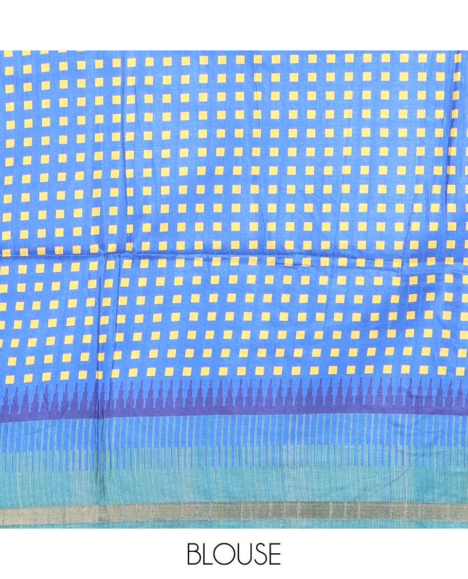 Tomato pink leheriya stripes printed katan silk saree, contrast zari piping temple border, temple pallu, and a contrast square buttas printed blouse