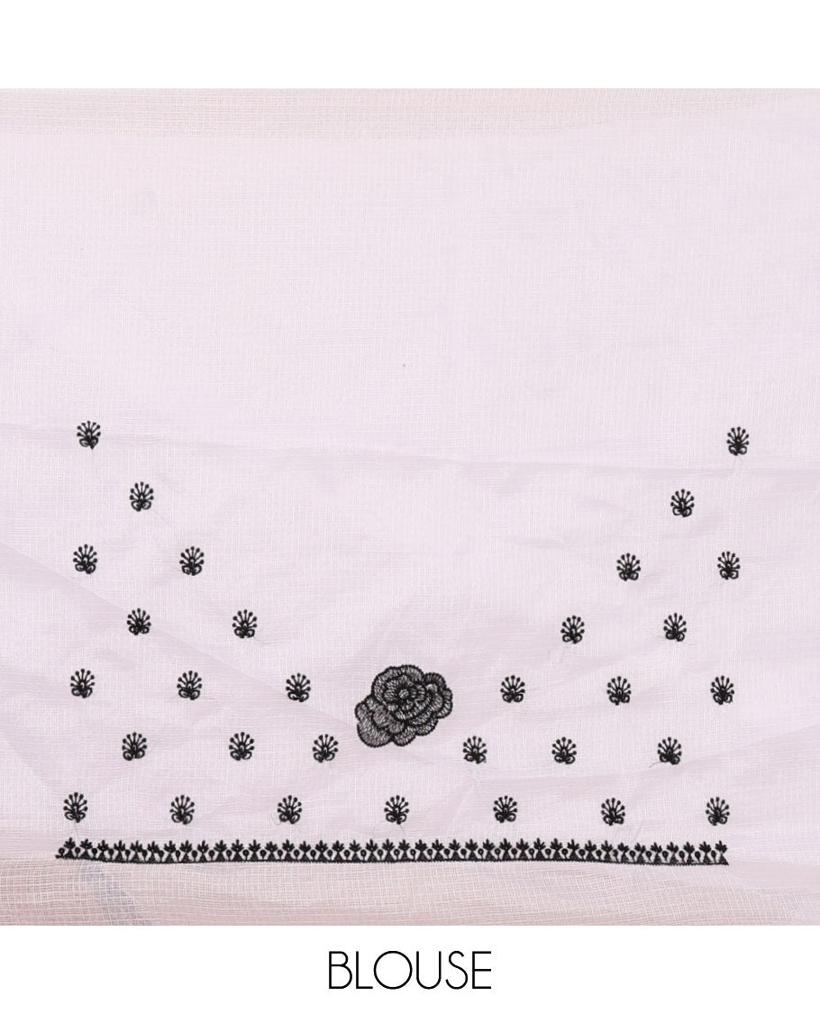 White plain kota checks saree, black rose thread embroidered scallop border & self-pallu & matching floral thread embroidered blouse