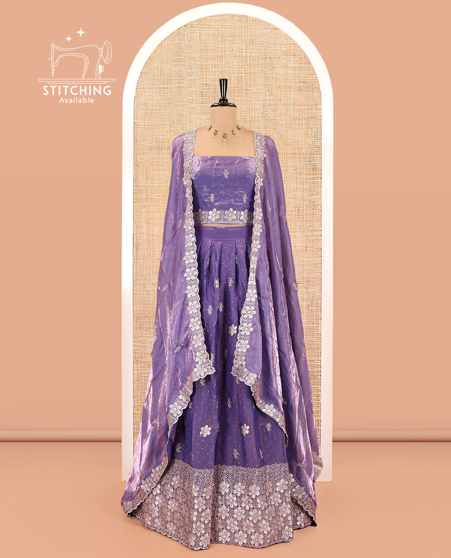 Lavender Fendi Organza Half-Saree Set, Features Floral Embroidered Skirt, Matching Blouse, Embroidered Dupatta