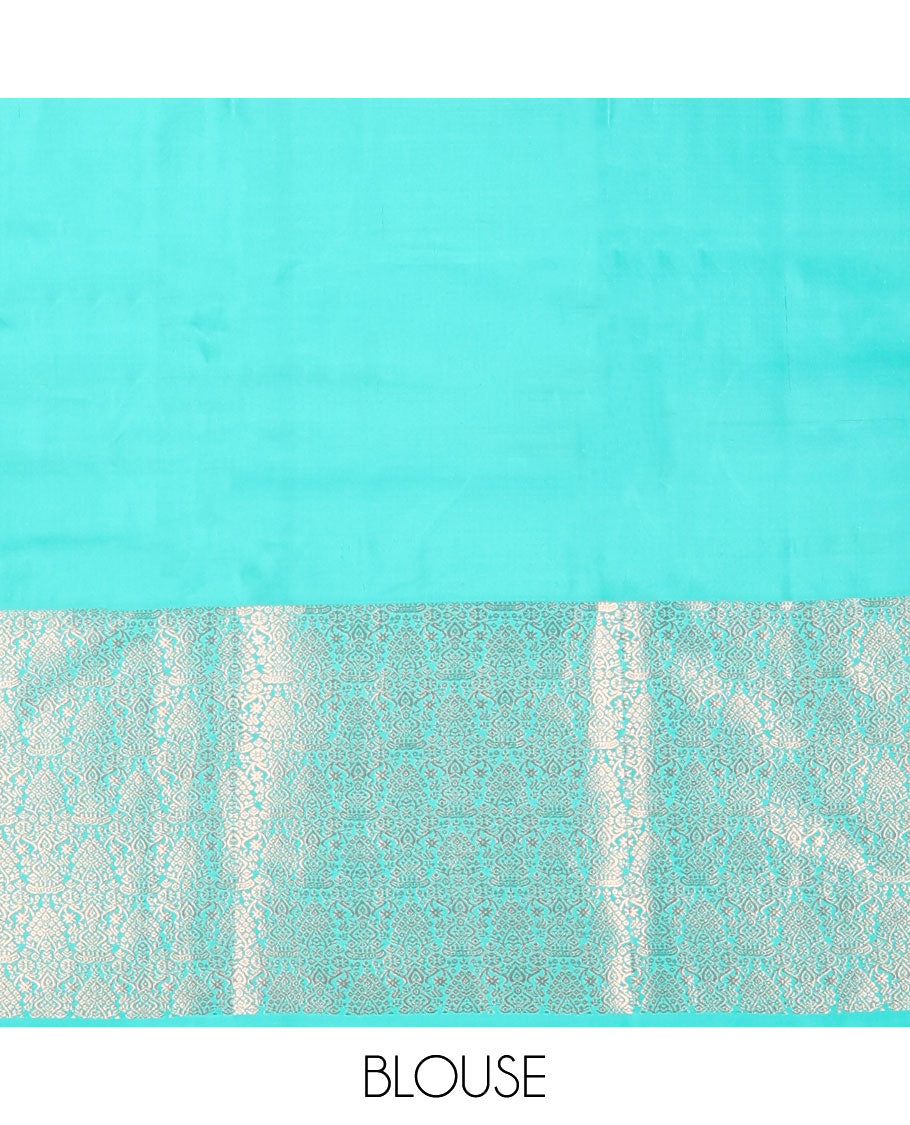 Peach buttas silk saree with contrast border of temple, floral design & floral jaal pallu