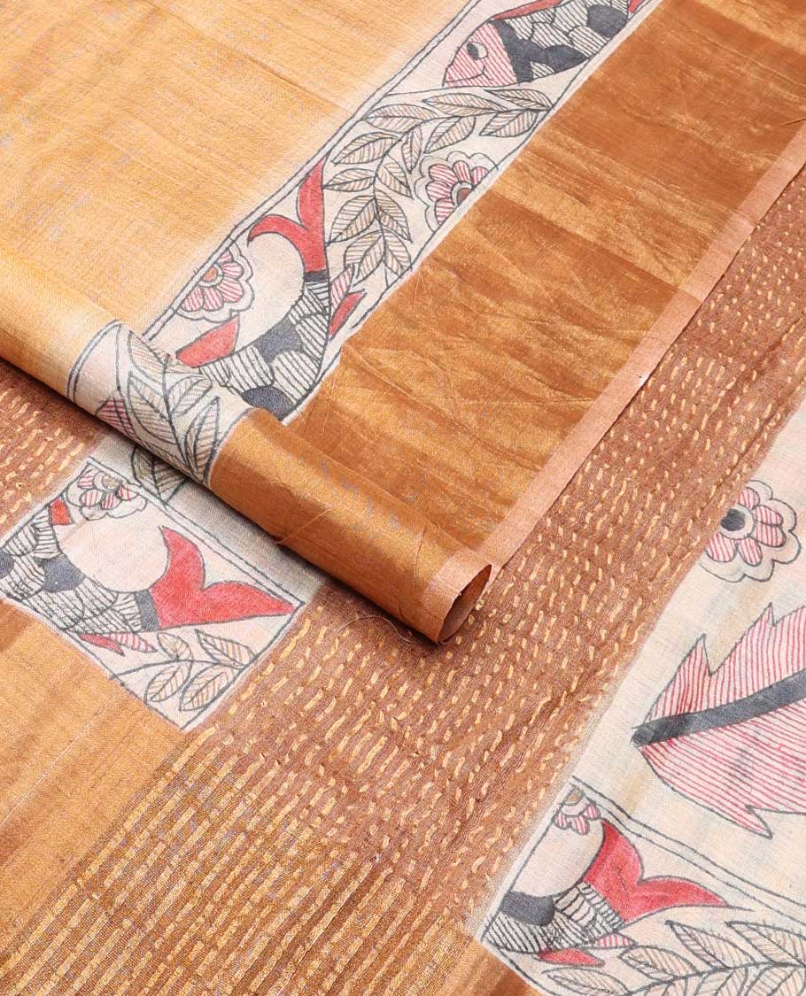 Light brown fish design tussar saree with contrast border & striped, fish design pallu