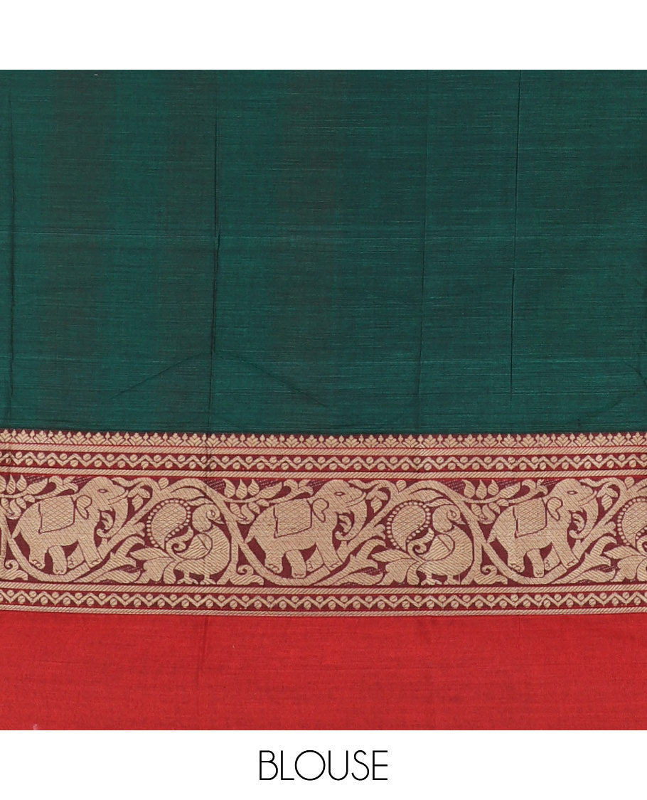 Green plain mercerised cotton saree, contrast traditional border of peacock, and elephant motifs, striped pallu, and a matching blouse