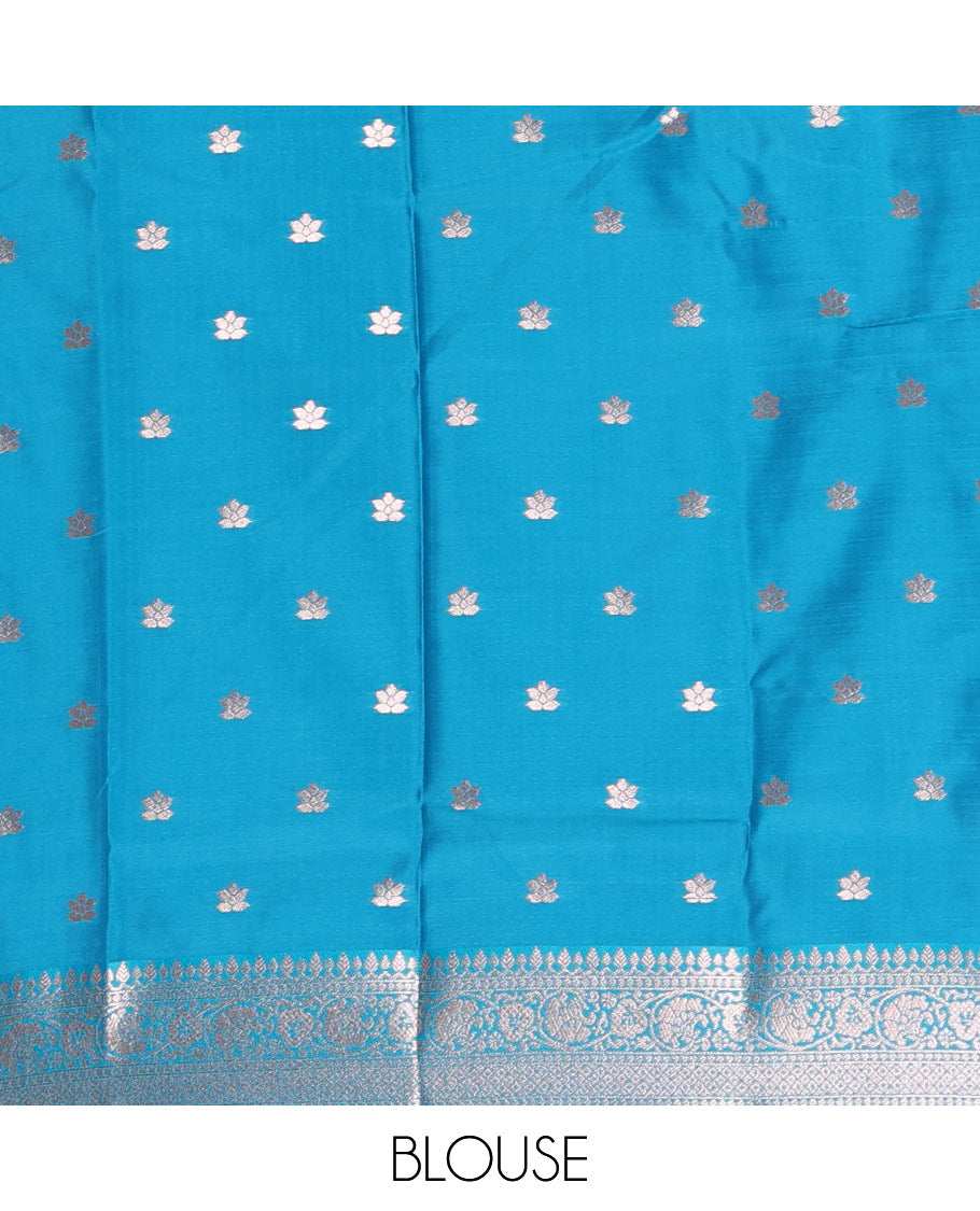 Borderless pink floral motifs steeped elite soft silk saree, contrast lotus-like motifs pallu, and contrast buttas blouse