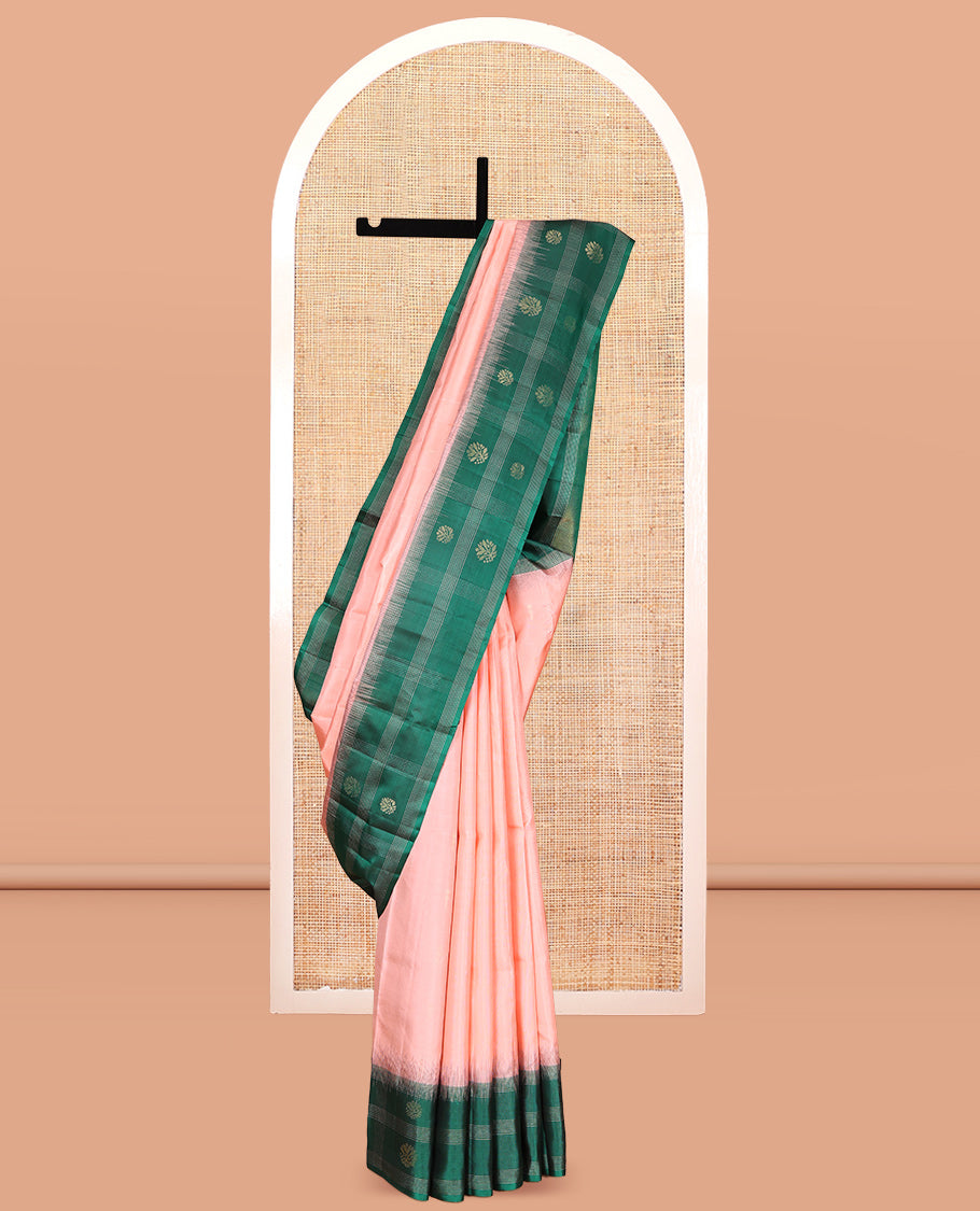 Peach Kanchipuram Silk Saree, Sparsely Sparkled with Buttas, Contrast Uniquely Designed Border, Chevron Striped Pallu, and a Contrast Blouse