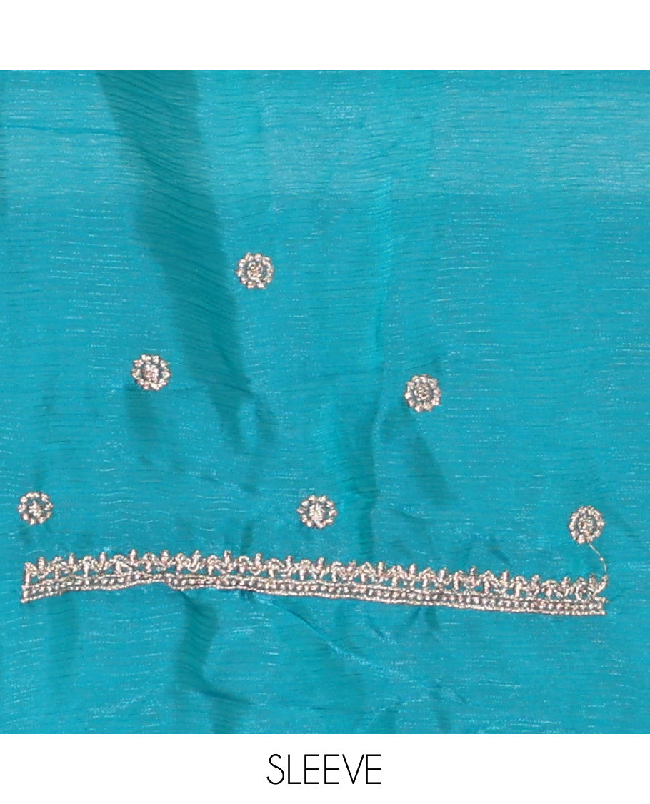 Rama Green Half-Saree Set, Gracefully Embellished with Stone Work and Bird Motifs Embroidery on Its Satin Georgette Skirt, Highlighted by Embroidered Border, Paired with a Matching Blouse, and Comes with a Contrast Scallop Stone Work Dupatta