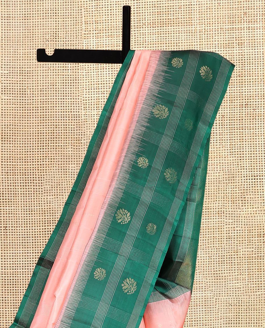 Peach Kanchipuram Silk Saree, Sparsely Sparkled with Buttas, Contrast Uniquely Designed Border, Chevron Striped Pallu, and a Contrast Blouse