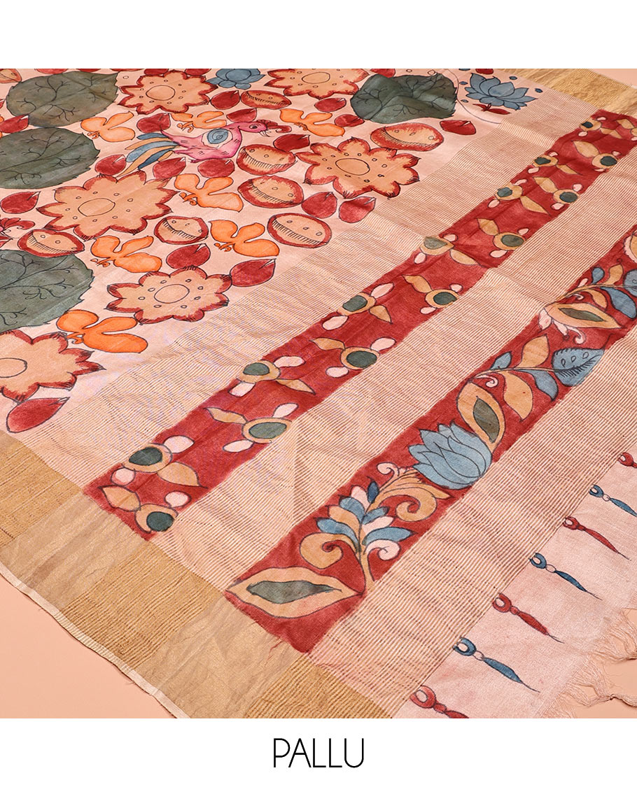 Sandal Floral Motif Pen Kalamkari Silk Saree, a Zari Border, Floral Motifs Pallu, a Matching Blouse