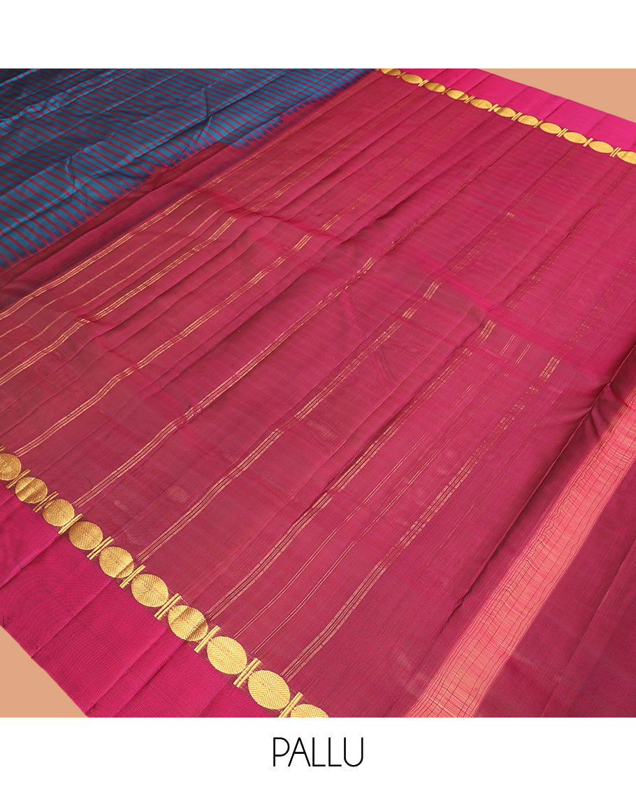 Blue Striped Kanchipuram Silk Saree, Complemented by a Contrast Kal Eragina Border of Rudraskham Design, Pallu of Zari Design, and a Contrast Blouse