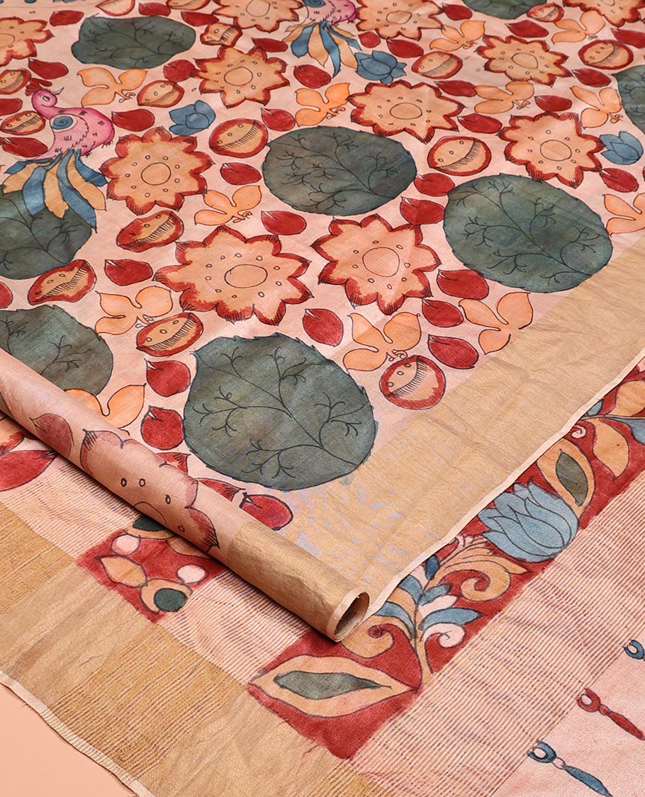 Sandal Floral Motif Pen Kalamkari Silk Saree, a Zari Border, Floral Motifs Pallu, a Matching Blouse