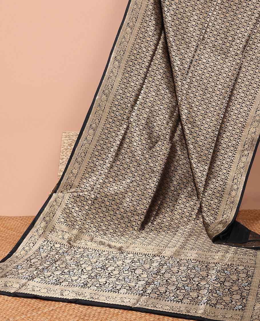 Black floral enclosed ogee design banaras silk saree with sef floral border & floral zari design pallu