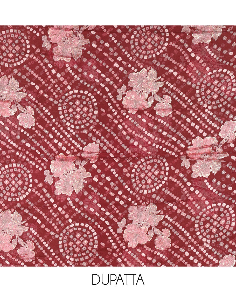 Wine material chudidar set, plain with fancy thermacol balls neck work Vichitra top, cotton bottom, and floral with bandhani printed dupatta