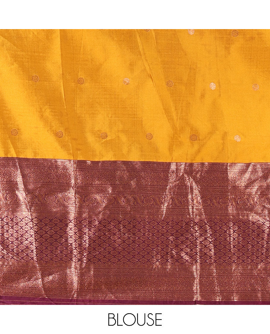 Mustard-wine taffeta half-saree, zari buttas with contrast traditional zari bordered skirt, a matching blouse, and contrast zari border dhavani with belt
