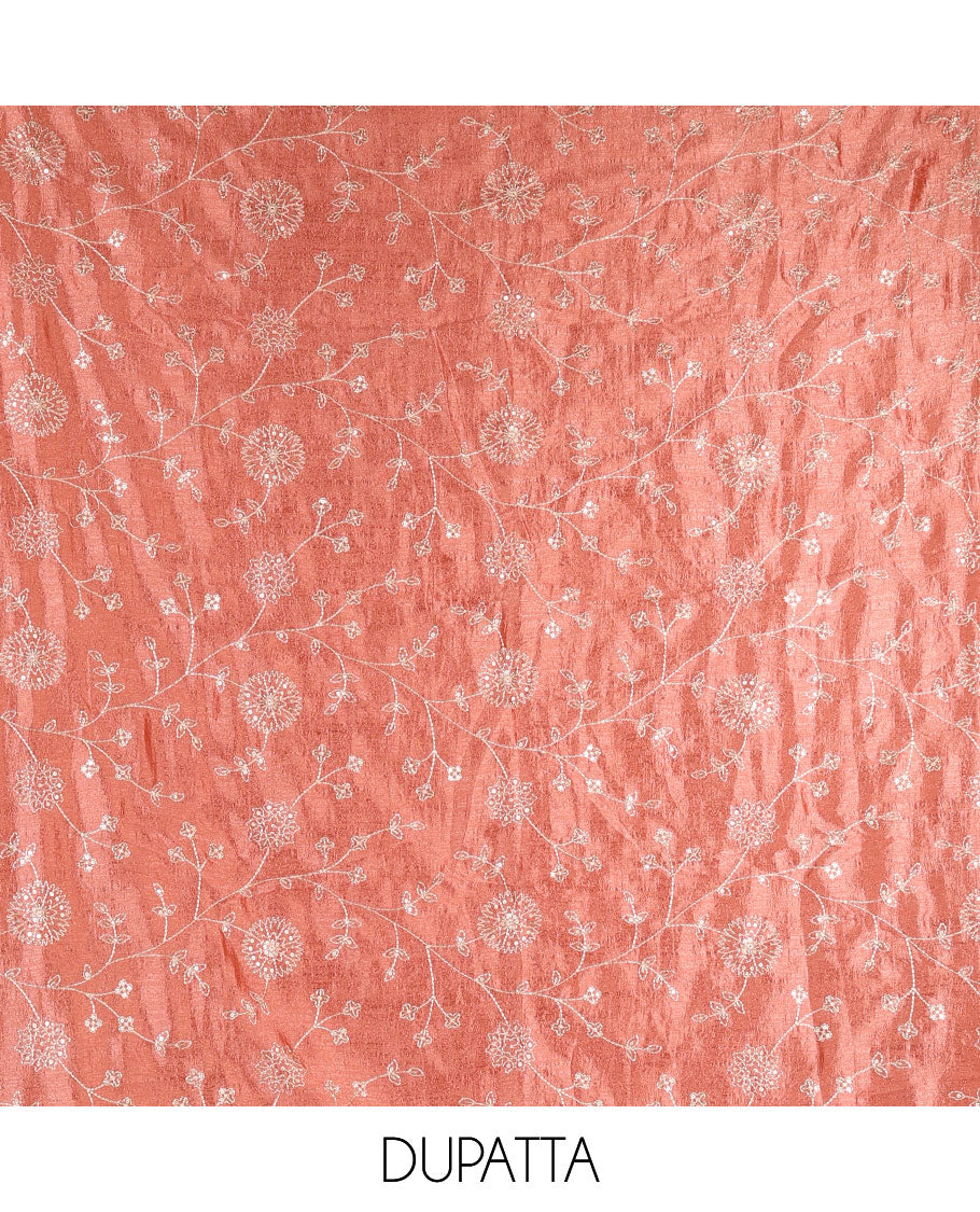 Magenta Vichitra silk material churidar set, floral motifs embroidered top, contrast Santoon bottom, and floral vine thread embroidered scallop dupatta