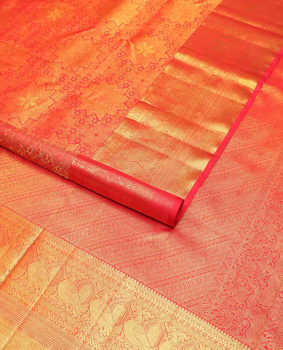 Red floral jacquard silk saree with contrast intricate zari design border & intricate floral design pallu