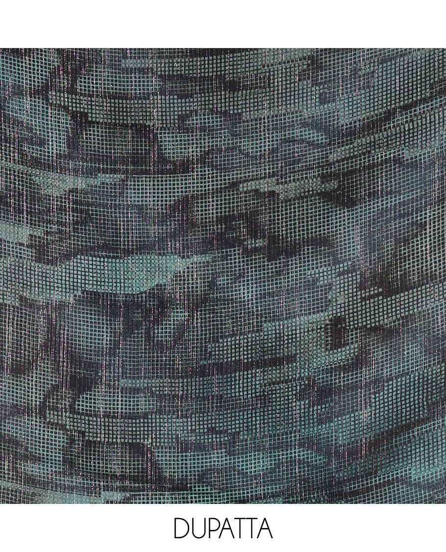 Peacock green material chudidar set, abstract printed with mirrorwork vichitra silk top, santoon bottom, and abstract printed shimmer georgette dupatta