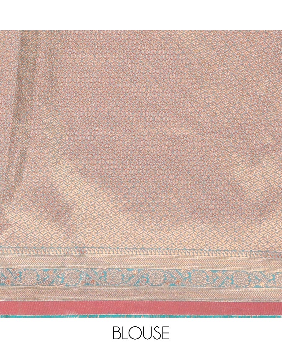 White floral jacquard tissue half saree with contrast zari design border, zari design blouse & floral vine design dhavani