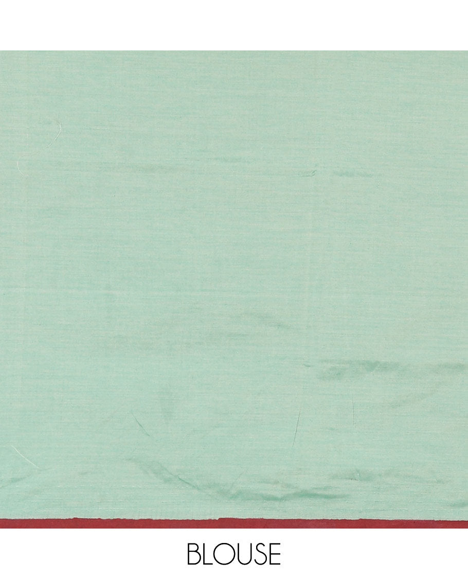 Sea green plain South cotton saree with elephant motifs block printed border, a matching blouse and a contrast floral motifs printed blouse