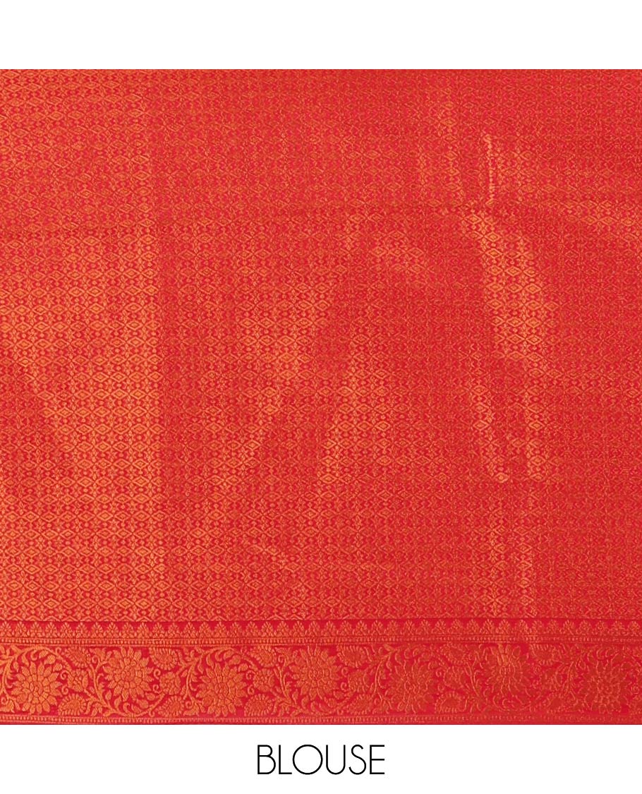 Cream semi-banaras half-saree, zari buttas & contrast Swarovski stonework traditional border skirt, jacquard blouse & contrast jaal jacquard red dhavani