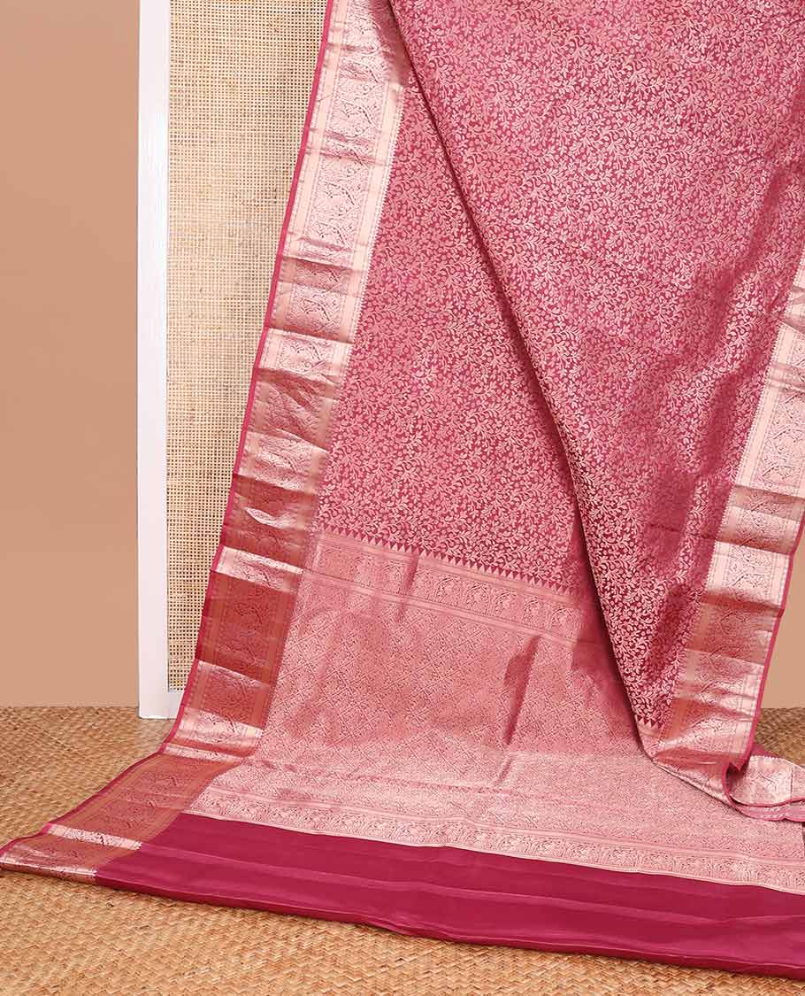 Red jacquard kancheepuram silk saree with self border of rekku, banaras, paun, muthu design & zari design pallu